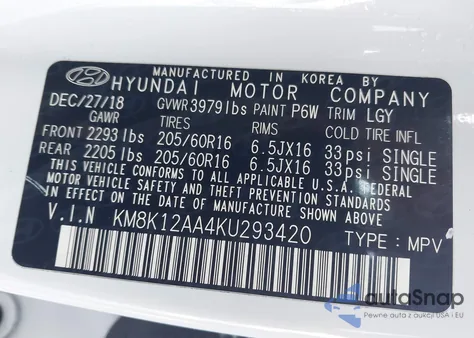 2019 Hyundai Kona Se from USA, damaged, VIN KM8K12AA4KU293420